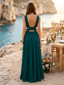 Chiffon A Line V Neck Long Prom Dresses with Backless