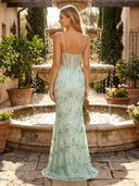 Sequin Mermaid Spaghetti Straps Long Prom Dresses with Corset