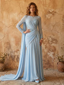 A Line Chiffon Boat Neck Long Sleeves Long Prom Dresses