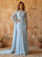 A Line Chiffon Boat Neck Long Sleeves Long Prom Dresses