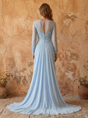 A Line Chiffon Boat Neck Long Sleeves Long Prom Dresses