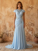 A Line Short Sleeves Chiffon Long Prom Dresses