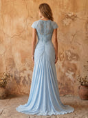 A Line Short Sleeves Chiffon Long Prom Dresses