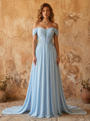 Sleeveless A Line Chiffon Off the Shoulder Long Prom Dresses