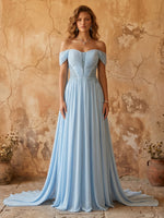 Sleeveless A Line Chiffon Off the Shoulder Long Prom Dresses