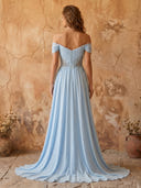 Sleeveless A Line Chiffon Off the Shoulder Long Prom Dresses