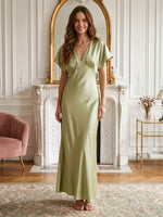 Satin V Neck Short Sleeve Mermaid  Long Wedding Guest Dresses