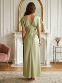 Satin V Neck Short Sleeve Mermaid  Long Wedding Guest Dresses
