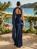 Satin Hight Neck Short Sleeve Mermaid  Long Wedding Guest Dresses