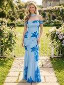 Tulle Off Shoulder Short Sleeve Mermaid  Long Wedding Guest Dresses