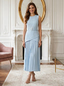 Satin Crew Neck A Line Long Wedding Guest Dresses with Belt