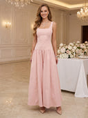 Satin Square Neck Sleeveless A Line Long Wedding Guest Dresses