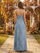 Satin Strapless Sleeveless A Line Long Wedding Guest Dresses with Slit