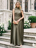 Satin Hight Neck Sleeveless A Line Long Wedding Guest Dresses