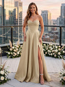 Satin Strapless Sleeveless A Line Long Wedding Guest Dresses with Slit