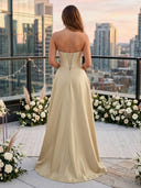 Satin Strapless Sleeveless A Line Long Wedding Guest Dresses with Slit