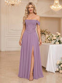Chiffon Off Shoulder A Line Long Wedding Guest Dresses with Slit