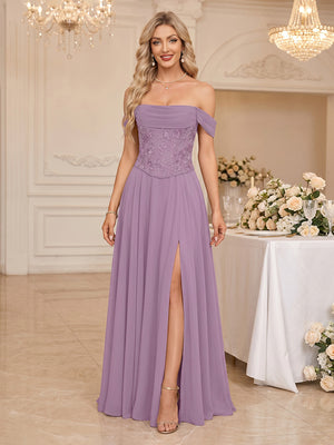 Chiffon Off Shoulder A Line Long Wedding Guest Dresses with Slit