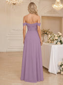 Chiffon Off Shoulder A Line Long Wedding Guest Dresses with Slit