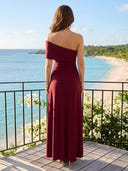 Satin Off Shoulder A Line Long Wedding Guest Dresses with Slit