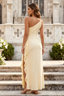 Satin One Shoulder Mermaid Long Wedding Guest Dresses with Slit