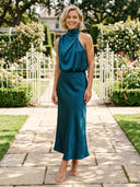 Satin Hight Neck Mermaid Long Wedding Guest Dresses