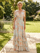 Chiffon V Neck A Line Long Wedding Guest Dresses with Bow