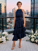 Satin Halter A Line Long Wedding Guest Dresses with Belt