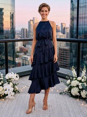 Satin Halter A Line Long Wedding Guest Dresses with Belt