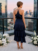 Satin Halter A Line Long Wedding Guest Dresses with Belt