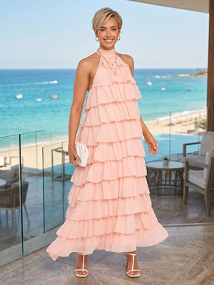 Chiffon Halter A Line Long Wedding Guest Dresses