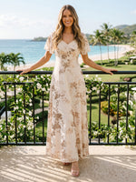 Tulle V Neck A Line Long Wedding Guest Dresses with Flower
