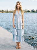 Satin V Neck A Line Long Wedding Guest Dresses with Tiered