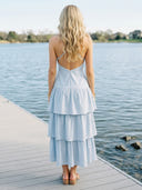 Satin V Neck A Line Long Wedding Guest Dresses with Tiered