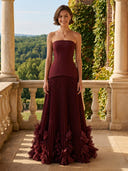 Satin Strapless A Line Long Wedding Guest Dresses with Flower