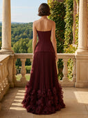 Satin Strapless A Line Long Wedding Guest Dresses with Flower