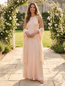 Chiffon Crew Neck A Line Long Wedding Guest Dresses with Shawl