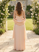 Chiffon Crew Neck A Line Long Wedding Guest Dresses with Shawl