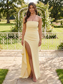 Satin Strapless Mermaid Long Wedding Guest Dresses with Slit