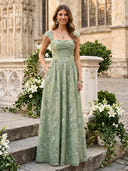 Tulle Crew Neck A Line Long Wedding Guest Dresses with Flower
