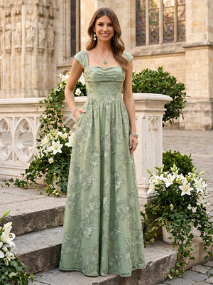 Tulle Crew Neck A Line Long Wedding Guest Dresses with Flower