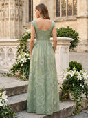 Tulle Crew Neck A Line Long Wedding Guest Dresses with Flower
