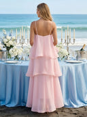 Chiffon A Line Square Neck Spaghetti Straps Long Wedding Guest Dresses with Flower