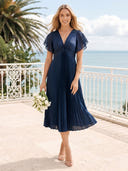 Chiffon A Line V Neck Short Sleeves Long Wedding Guest Dresses with Pleated