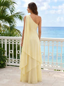 Chiffon A Line One Shoulder Long Wedding Guest Dresses with Tiered