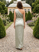 Satin Mermaid One Shoulder Long Wedding Guest Dresses with Slit