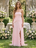 Chiffon A Line Strapless Long Wedding Guest Dresses with Ruffles