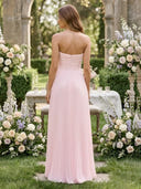 Chiffon A Line Strapless Long Wedding Guest Dresses with Ruffles