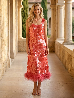 Sequin Mermaid Sleeveless Long Wedding Guest Dresses with Feather