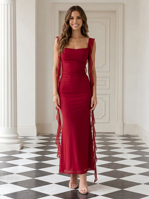 Chiffon Mermaid Square Neck Spaghetti Straps Long Wedding Guest Dresses with Ruffles